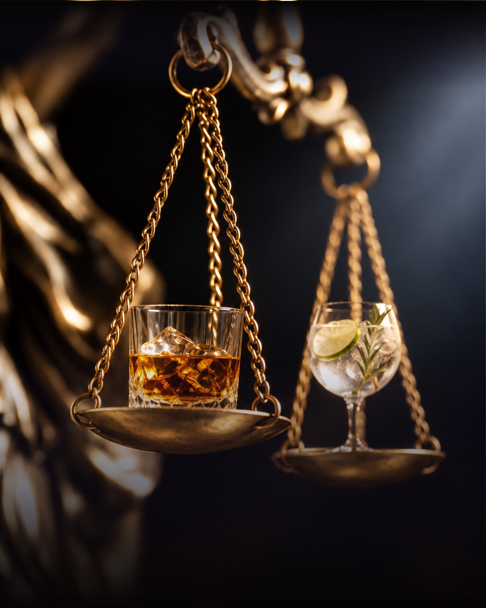 A law scale balancing a whisky and a Gin